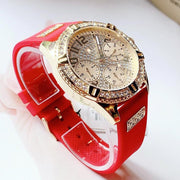 Shop Authentic Guess Frontier Diamonds Gold Dial Red Rubber Strap Watch for Women - GW0045L2 - Luxxuri