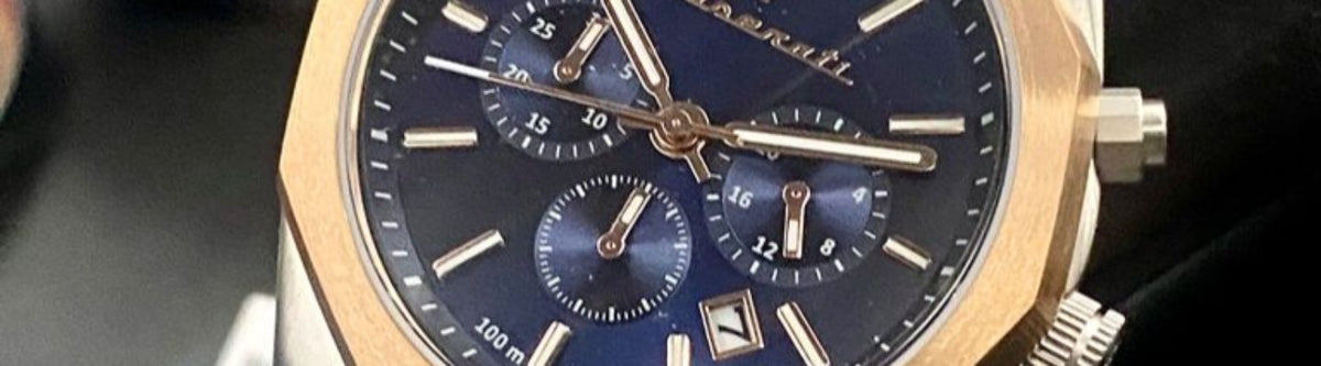  Shop Authentic Maserati Stile Chronograph Blue Dial Rose Gold Two Tone Strap Watch For Men - R8873642002 - Luxxuri