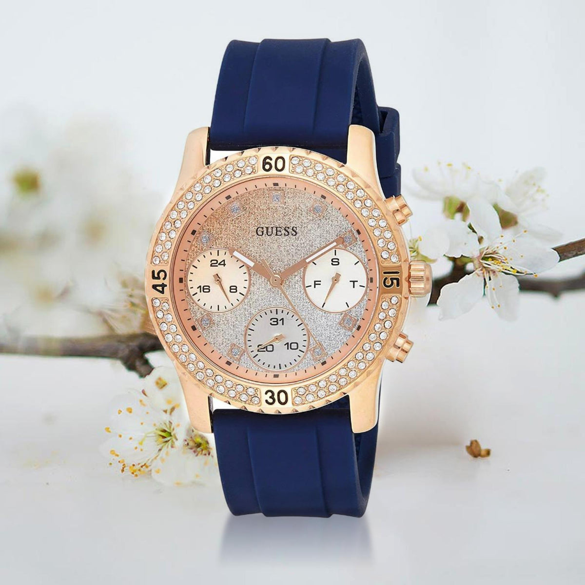  Shop Authentic Guess Confetti Diamonds Gold Dial Blue Rubber Strap Watch For Women - W1098L6 - Luxxuri