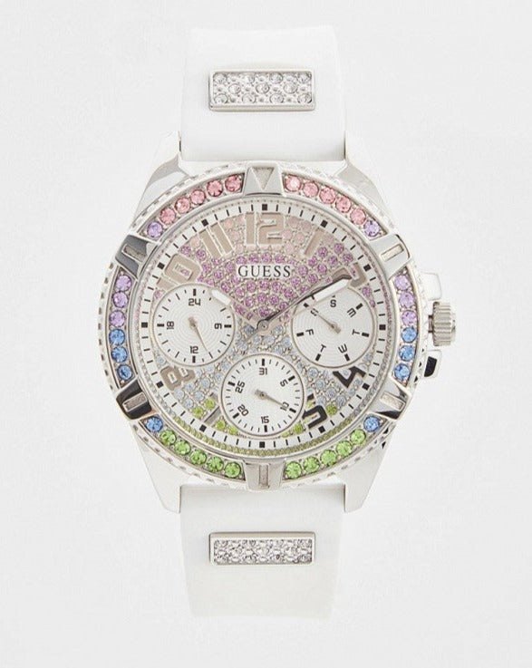  Shop Authentic Guess Frontier Diamonds Silver Dial White Rubber Strap Watch for Women - GW0045L1 - Luxxuri