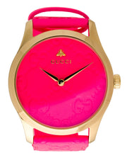  Shop Authentic Gucci G Timeless Quartz Pink Dial Pink Leather Strap Watch For Women - YA1264115 - Luxxuri