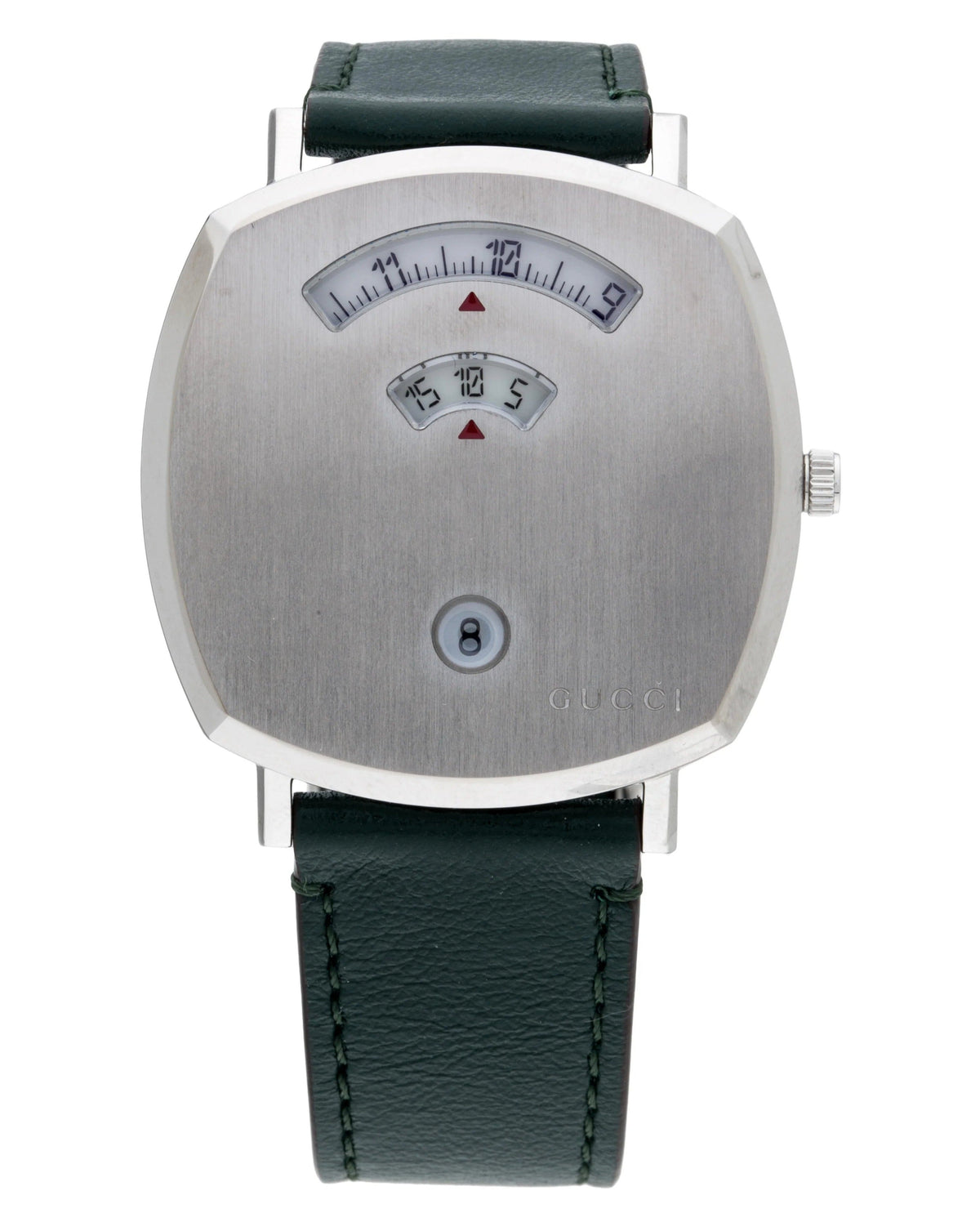  Shop Authentic Gucci Grip Quartz Silver Dial Green Leather Strap Watch For Women - YA157404 - Luxxuri