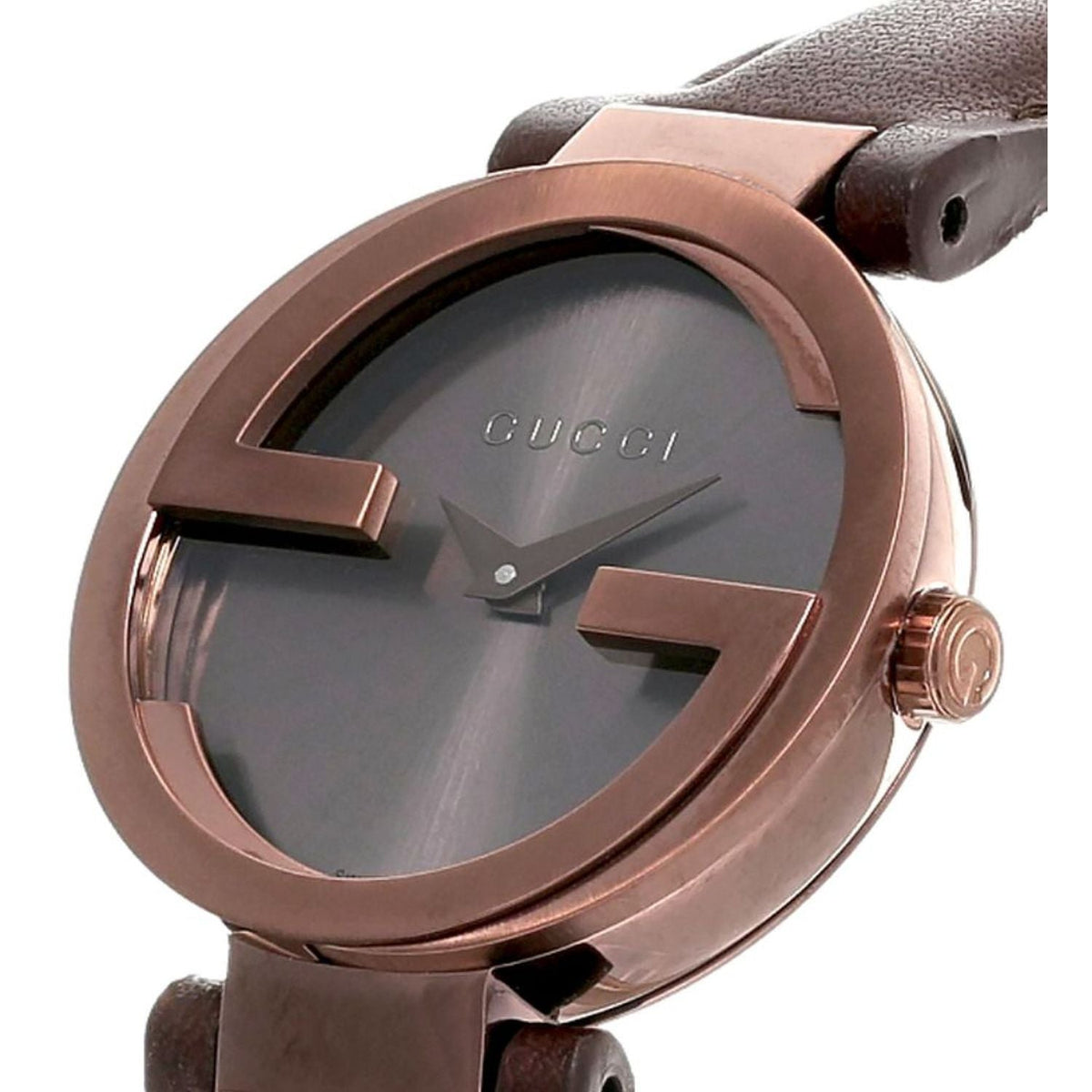  Shop Authentic Gucci G Interlocking Brown Dial Brown Leather Strap Watch For Women - YA133504 - Luxxuri