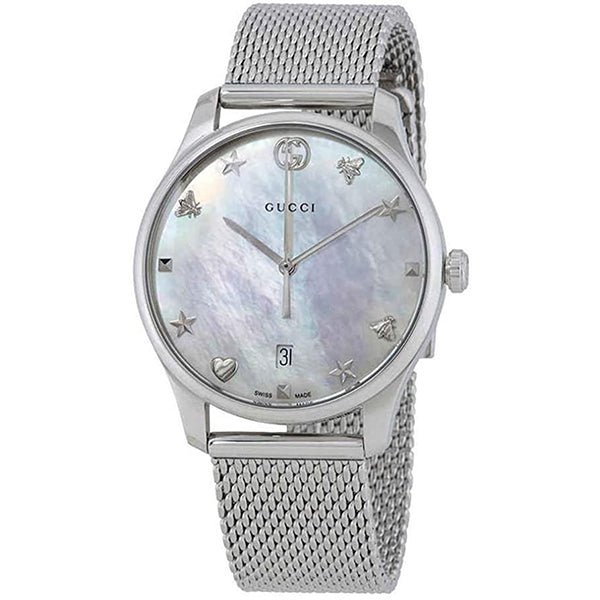  Shop Authentic Gucci G-Timeless Mother of Pearl Dial Silver Mesh Bracelet Watch For Women - YA126583 - Luxxuri