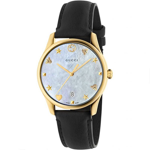  Shop Authentic Gucci G-Timeless Mother of Pearl Dial Black Leather Strap Watch For Women - YA1264044 - Luxxuri