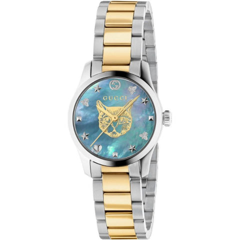  Shop Authentic Gucci G Timeless Quartz Mother of Pearl Blue Dial Two Tone Steel Strap Watch For Women - YA1265011 - Luxxuri