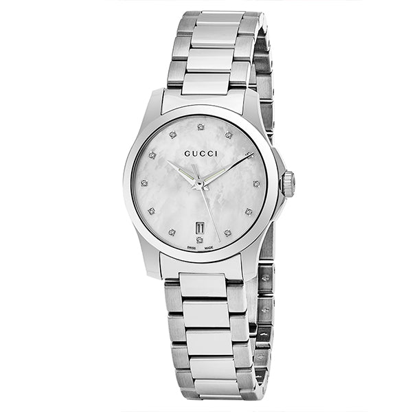  Shop Authentic Gucci G Timeless Diamonds Mother of Pearl Dial Silver Steel Strap Watch For Women - YA126542 - Luxxuri