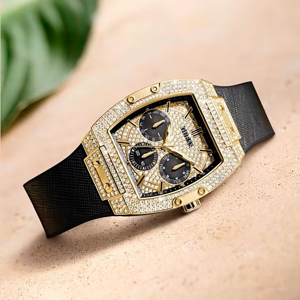 Shop Authentic Guess Phoenix Multifunction Crystals Gold Dial Black Silicone Strap Watch For Men - GW0048G2 - Luxxuri