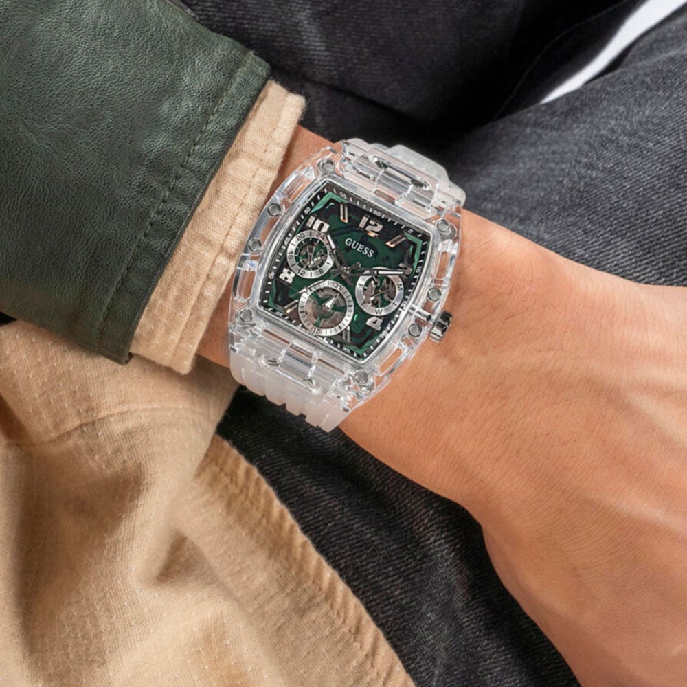  Shop Authentic Guess Phoenix Quartz Green Dial Transparent Silicone Strap Watch For Men - GW0499G8 - Luxxuri