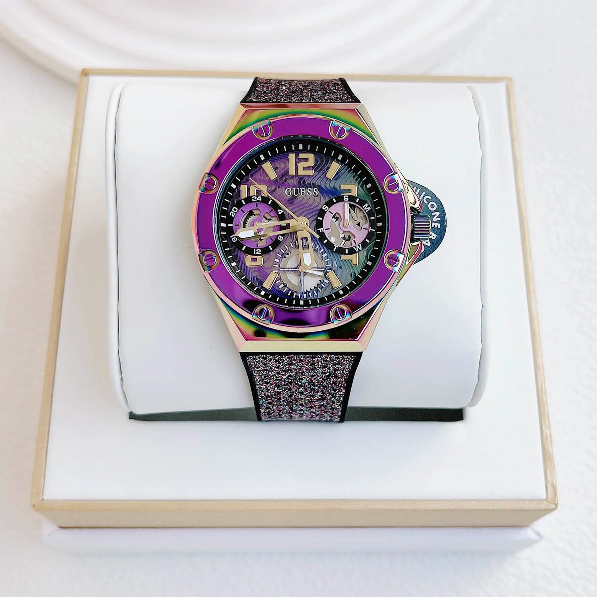  Shop Authentic Guess Multifunction Analog Purple Dial Black Rubber Strap Watch For Women - GW0620L4 - Luxxuri
