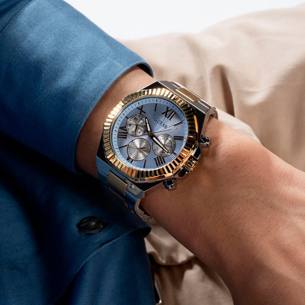  Shop Authentic Guess Equity Analog Blue Dial Two Tone Steel Strap Watch For Men - GW0703G3 - Luxxuri