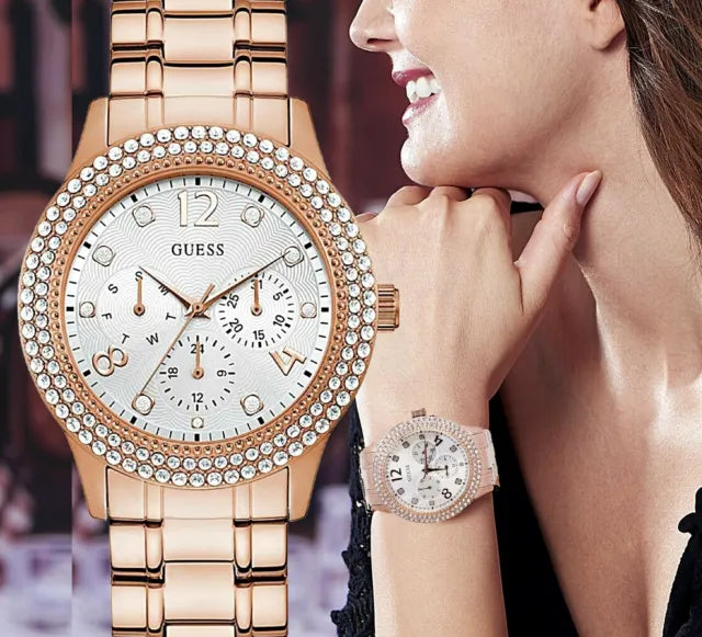  Shop Authentic Guess Bedazzle Diamonds Silver Dial Rose Gold Steel Strap Watch For Women - W1097L3 - Luxxuri