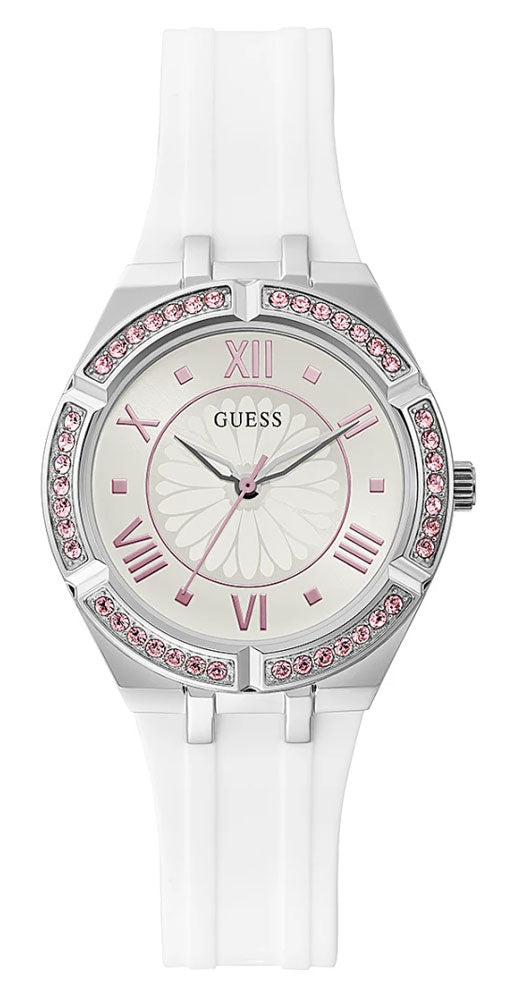 Shop Authentic Guess Sparkling Silver Dial White Rubber Strap Watch For Women - GW0032L1 - Luxxuri