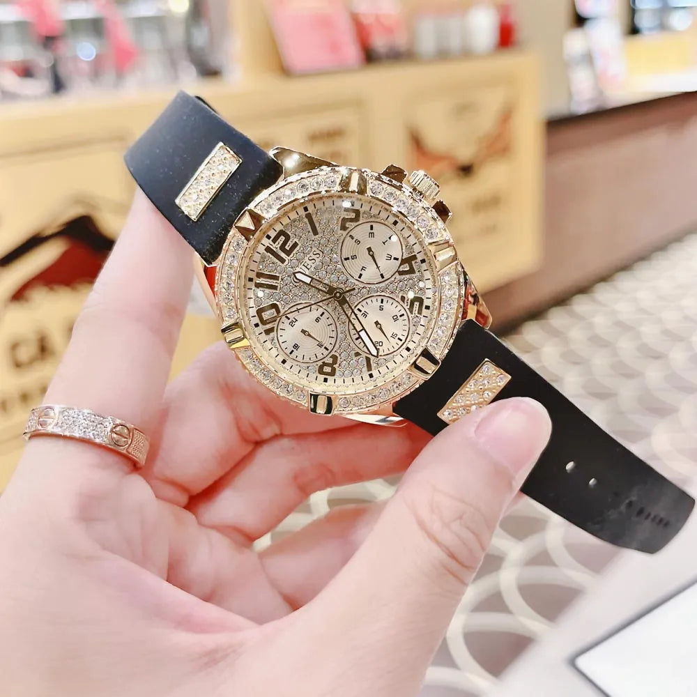  Shop Authentic Guess Frontier Diamonds Gold Dial Black Rubber Strap Watch For Women - W1160L1 - Luxxuri