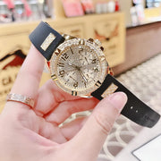  Shop Authentic Guess Frontier Diamonds Gold Dial Black Rubber Strap Watch For Women - W1160L1 - Luxxuri