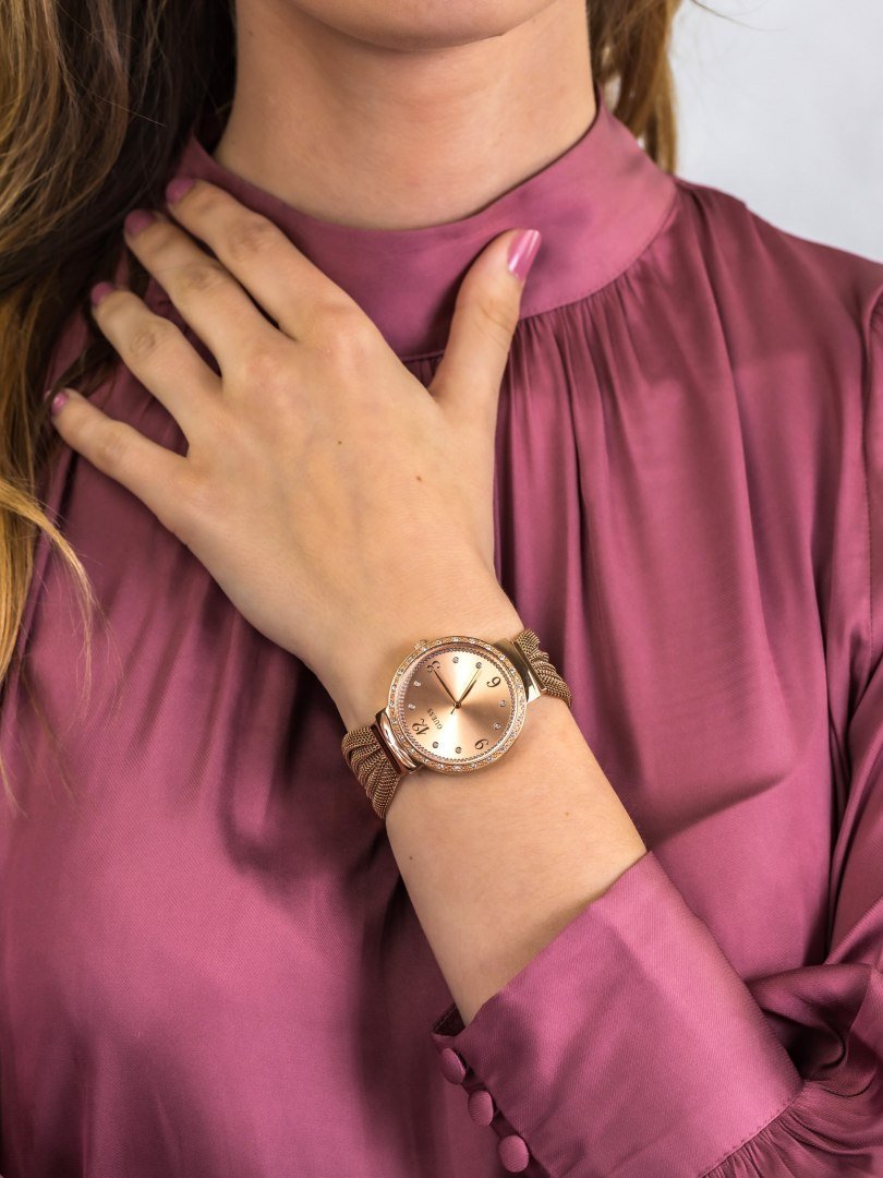  Shop Authentic Guess Chiffon Rose Gold Dial Mesh Bracelet Watch For Women - W1083L3 - Luxxuri