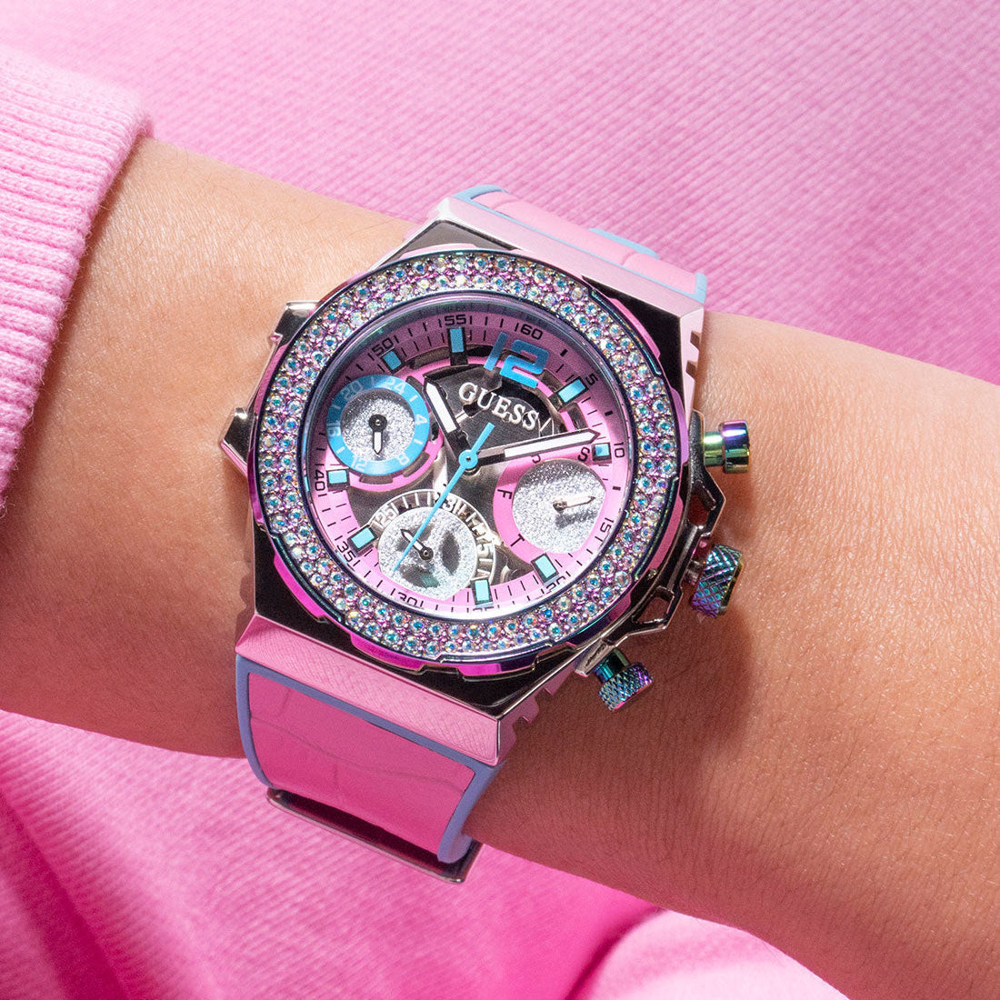  Shop Authentic Guess Fusion Chronograph Pink Dial Pink Leather Strap Watch for Women - GW0553L5 - Luxxuri