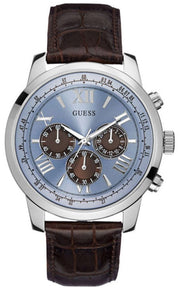  Shop Authentic Guess Horizon Chronograph Analog Blue Dial Brown Leather Strap Watch For Men - W0380G6 - Luxxuri