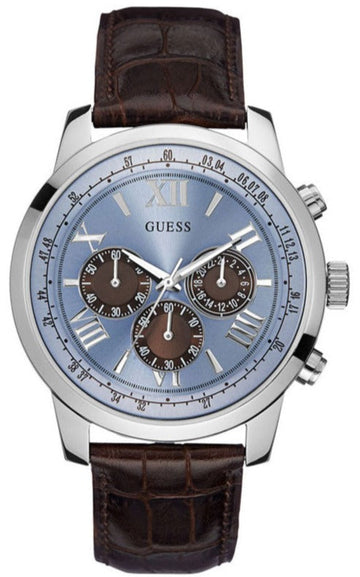  Shop Authentic Guess Horizon Chronograph Analog Blue Dial Brown Leather Strap Watch For Men - W0380G6 - Luxxuri