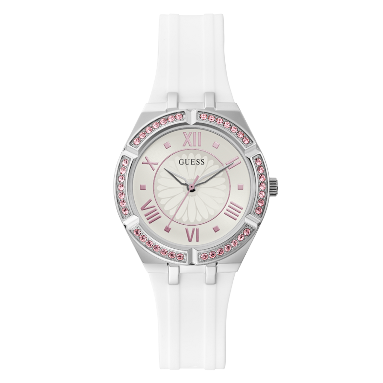  Shop Authentic Guess Sparkling Silver Dial White Rubber Strap Watch For Women - GW0032L1 - Luxxuri