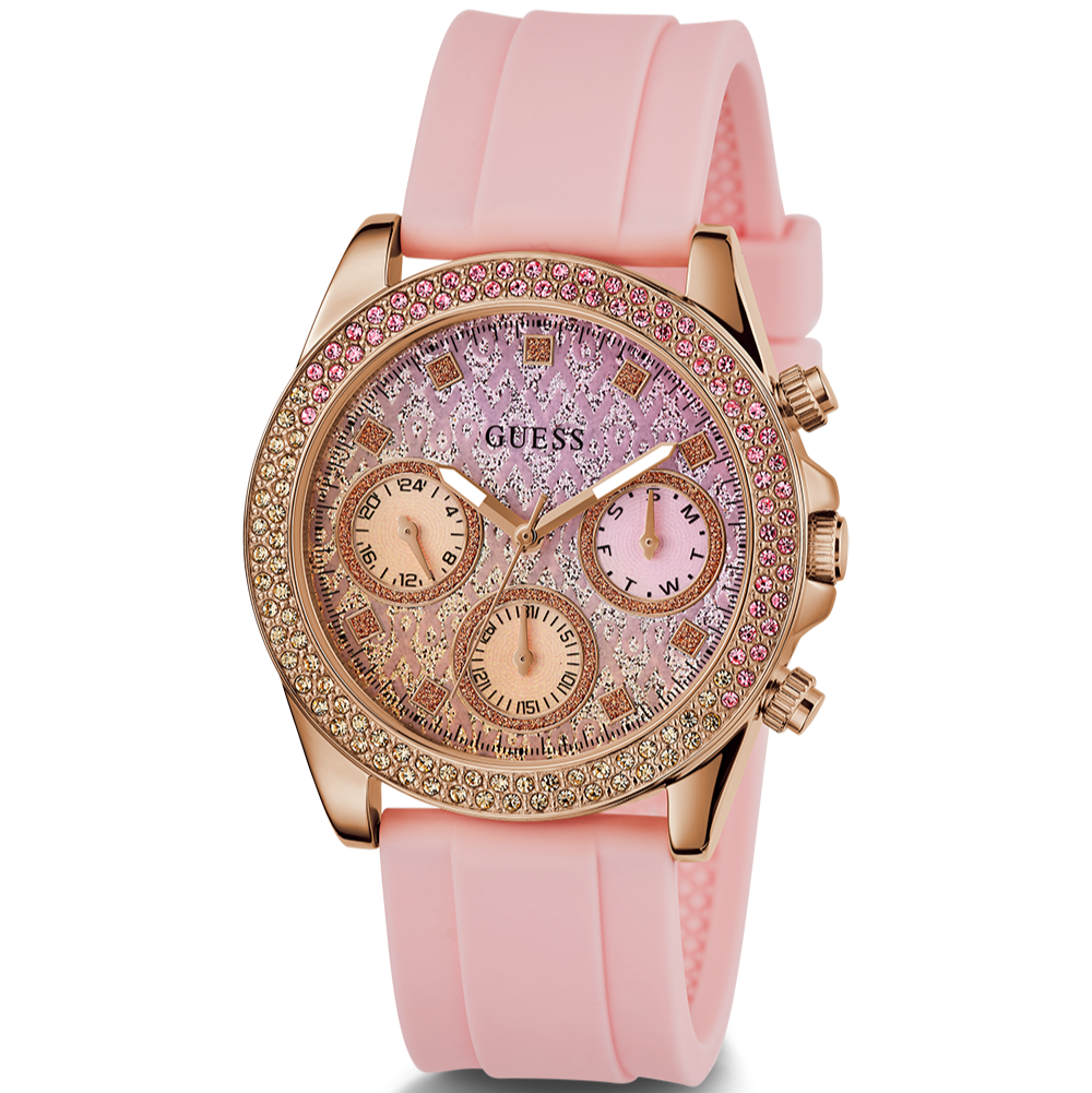  Shop Authentic Guess Sparkling Chronograph Crystals Pink Dial Pink Silicone Strap Watch For Women - GW0032L4 - Luxxuri