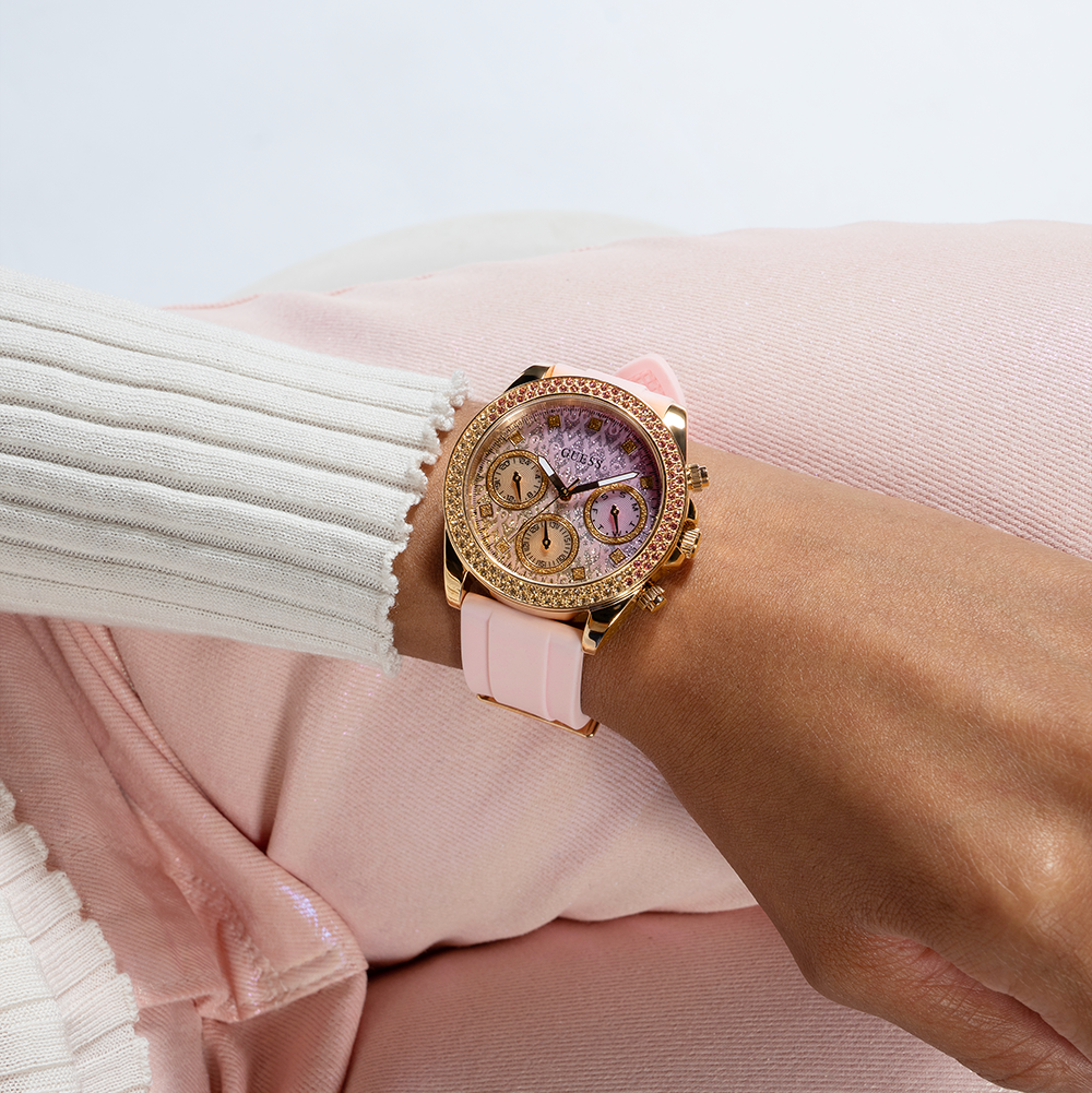  Shop Authentic Guess Sparkling Chronograph Crystals Pink Dial Pink Silicone Strap Watch For Women - GW0032L4 - Luxxuri