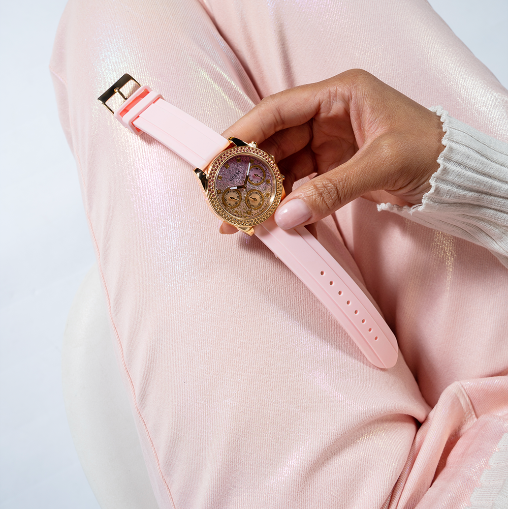  Shop Authentic Guess Sparkling Chronograph Crystals Pink Dial Pink Silicone Strap Watch For Women - GW0032L4 - Luxxuri