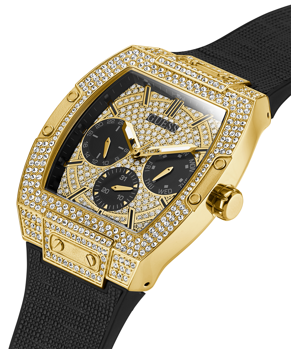  Shop Authentic Guess Phoenix Multifunction Crystals Gold Dial Black Silicone Strap Watch For Men - GW0048G2 - Luxxuri