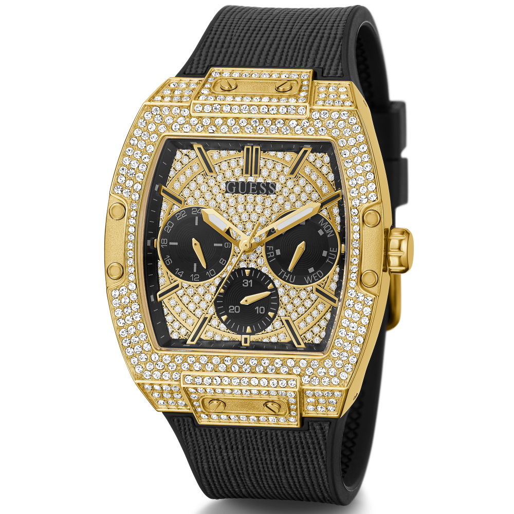  Shop Authentic Guess Phoenix Multifunction Crystals Gold Dial Black Silicone Strap Watch For Men - GW0048G2 - Luxxuri