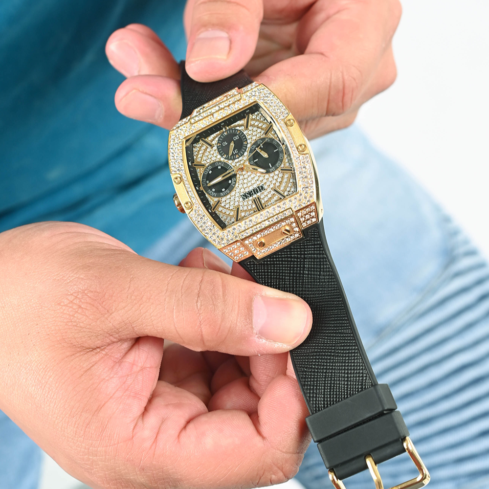  Shop Authentic Guess Phoenix Multifunction Crystals Gold Dial Black Silicone Strap Watch For Men - GW0048G2 - Luxxuri