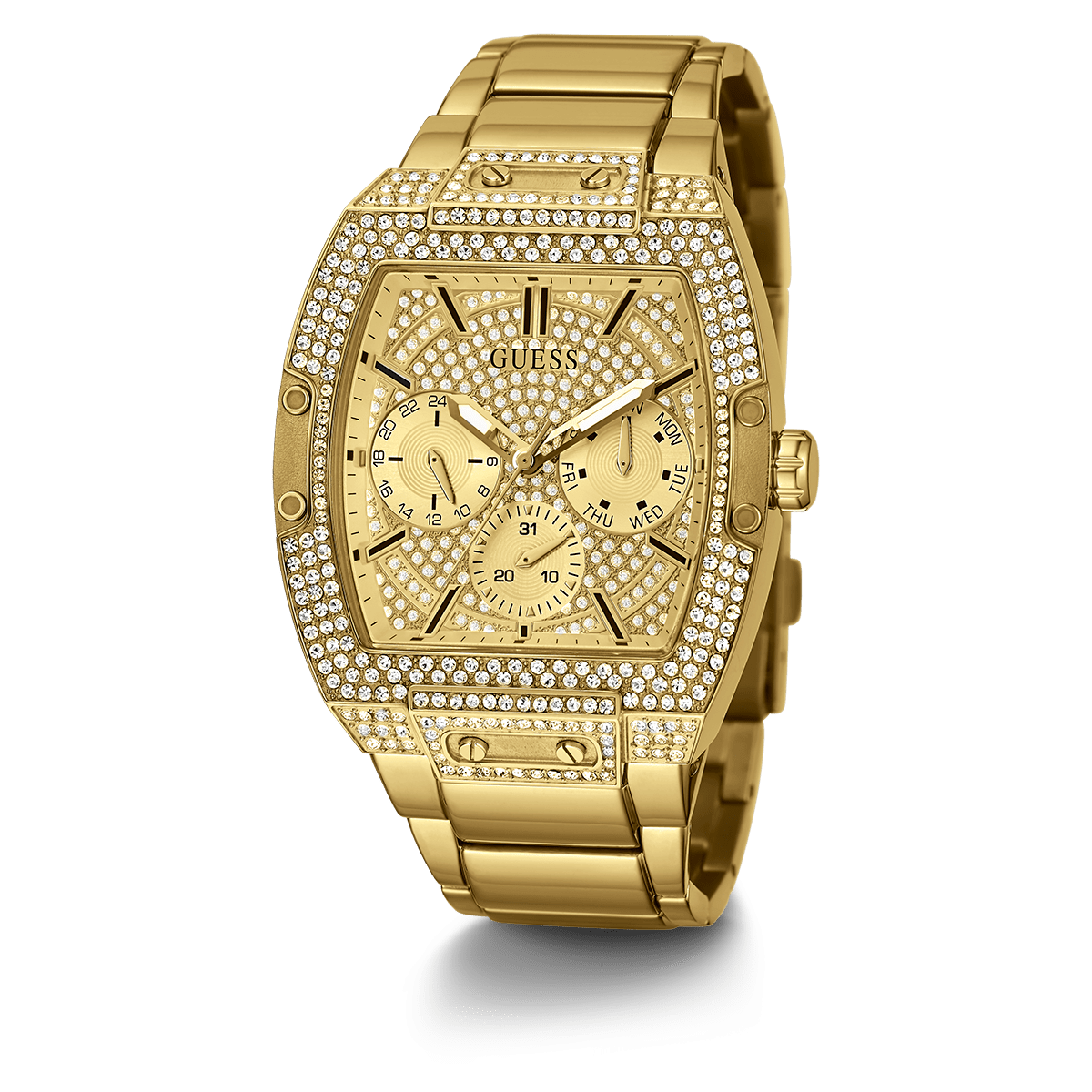  Shop Authentic Guess Phoenix Multifunction Crystals Gold Dial Gold Steel Strap Watch For Men - GW0094G2 - Luxxuri