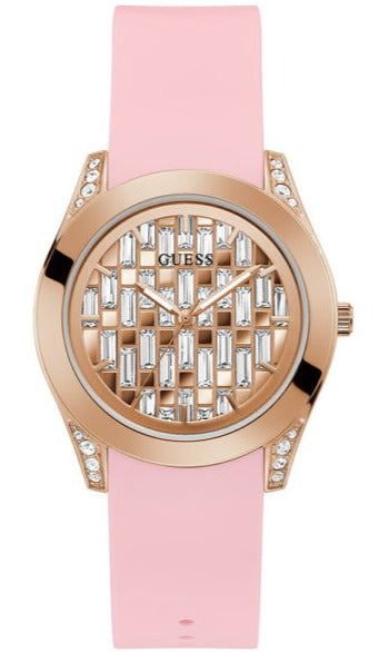  Shop Authentic Guess Clarity Gold Dial Pink Silicone Strap Watch for Women - GW0109L2 - Luxxuri
