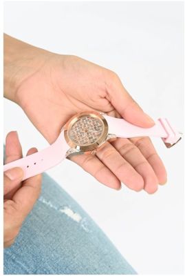  Shop Authentic Guess Clarity Gold Dial Pink Silicone Strap Watch for Women - GW0109L2 - Luxxuri