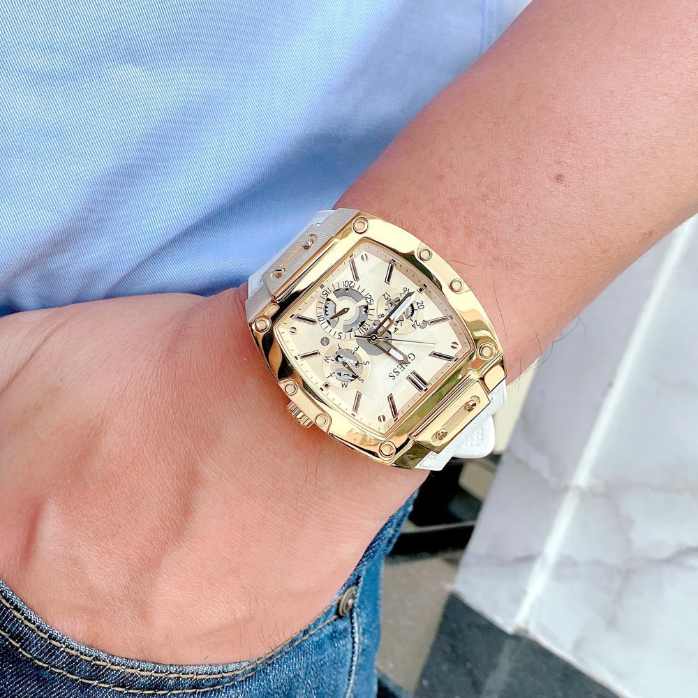  Shop Authentic Guess Phoenix Multifunction Gold Dial White Leather Strap Watch for Men - GW0202G6 - Luxxuri