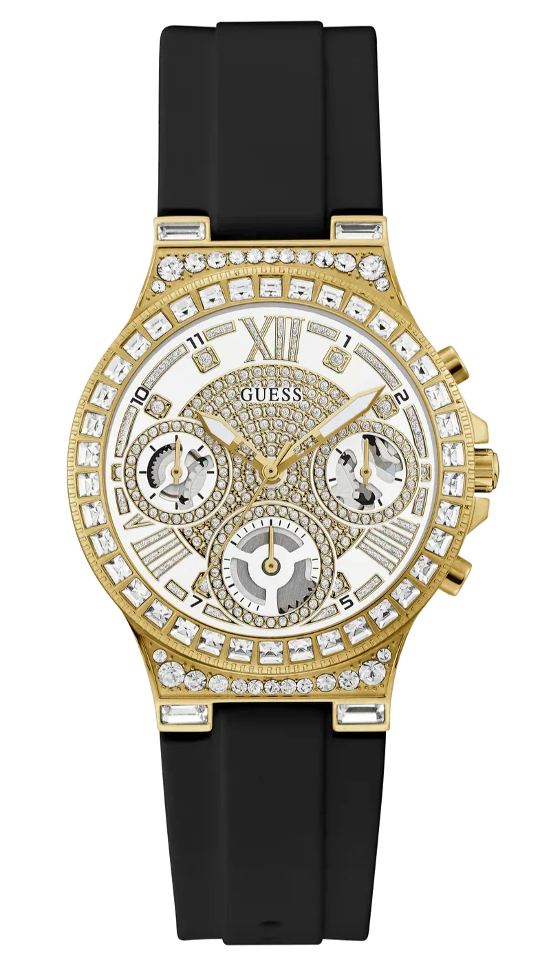  Shop Authentic Guess Moonlight Crystals Silver Dial Black Silicone Strap Watch For Women - GW0257L1 - Luxxuri