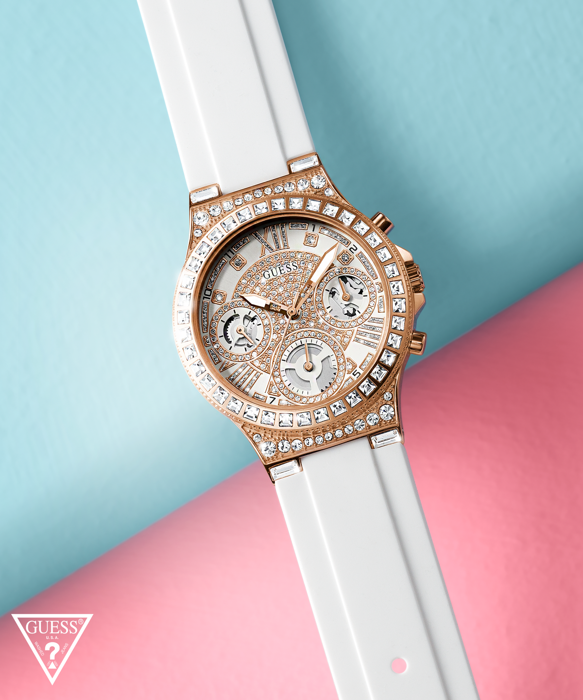  Shop Authentic Guess Moonlight Diamonds White Dial White Rubber Strap Watch for Women - GW0257L2 - Luxxuri