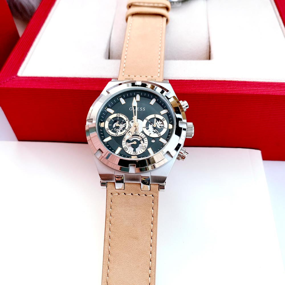  Shop Authentic Guess Continental Multifunction Black Dial Brown Leather Strap Watch for Men - GW0262G1 - Luxxuri