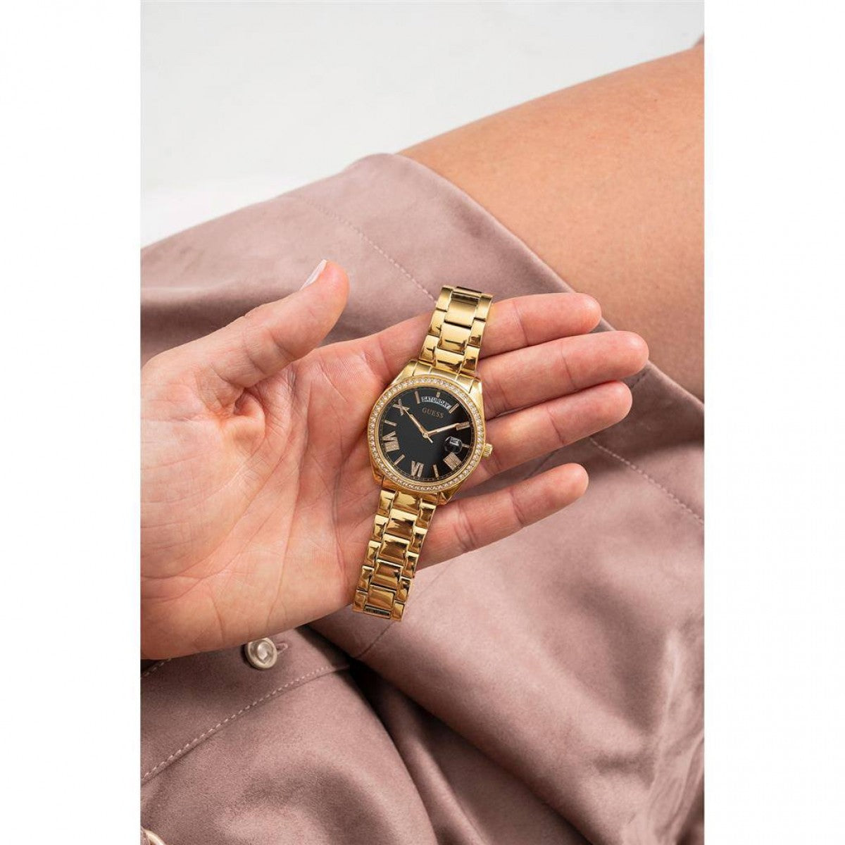  Shop Authentic Guess Luna Diamonds Black Dial Gold Steel Strap Watch for Women - GW0307L2 - Luxxuri