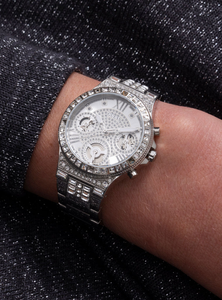  Shop Authentic Guess Moonlight Multi Function Diamonds Silver Dial Silver Steel Strap Watch for Women - GW0320L1 - Luxxuri