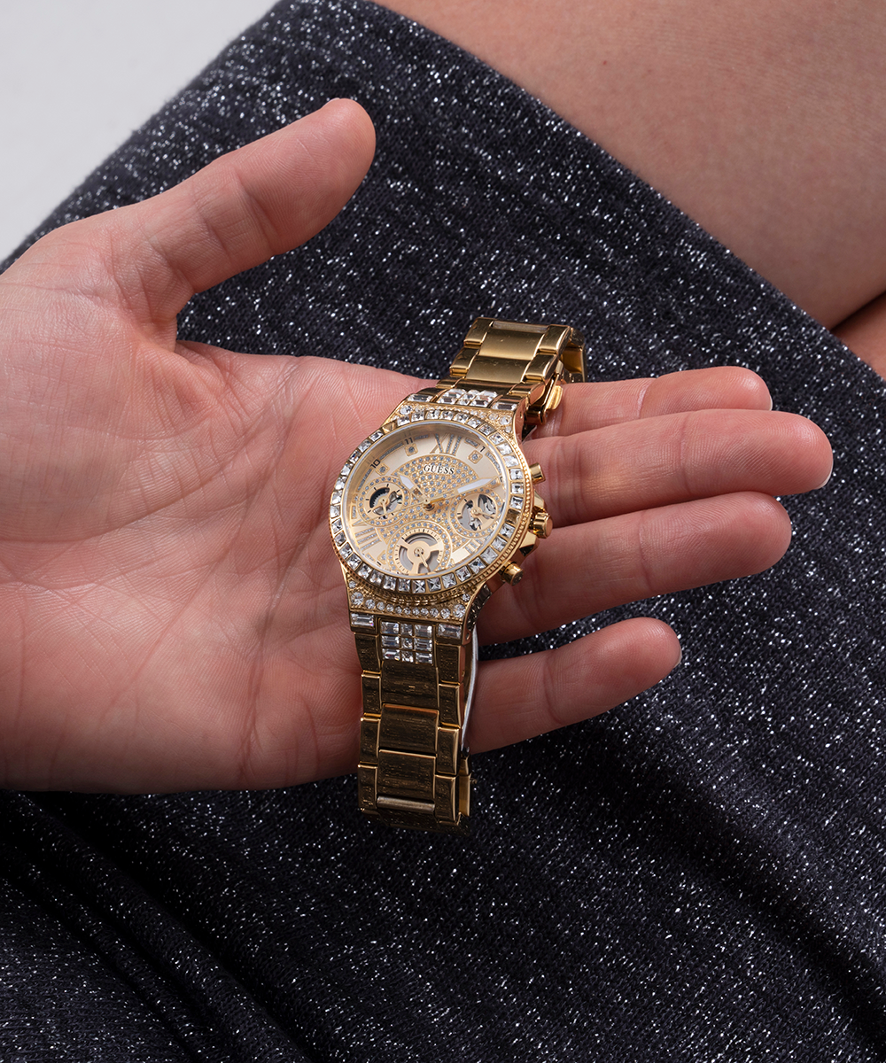  Shop Authentic Guess Moonlight Multi Function Diamonds Gold Dial Gold Steel Strap Watch for Women - GW0320L2 - Luxxuri