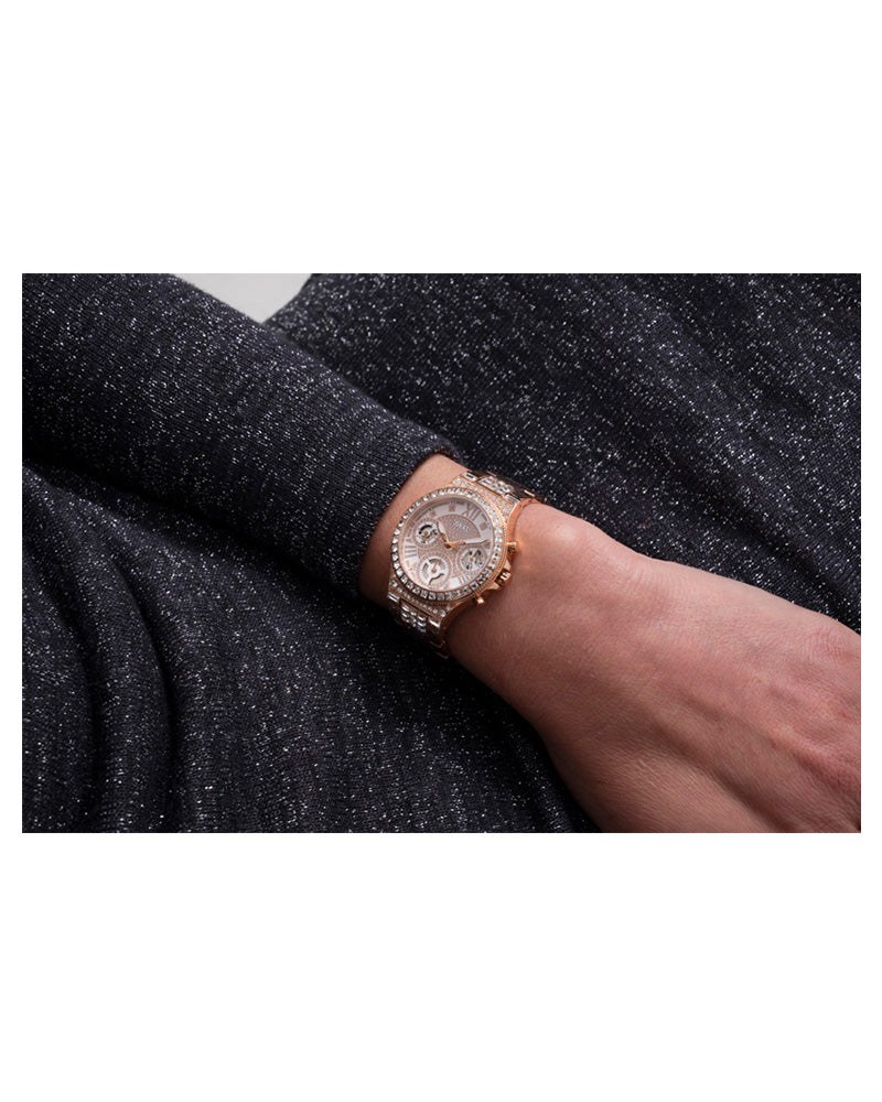  Shop Authentic Guess Moonlight Multi Function Diamonds White Dial Rose Gold Steel Strap Watch for Women - GW0320L3 - Luxxuri