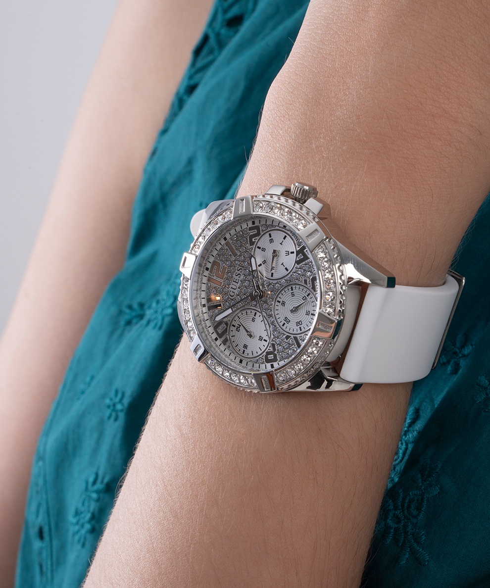  Shop Authentic Guess Frontier Diamonds Silver Dial White Rubber Strap Watch for Women - GW0045L1 - Luxxuri
