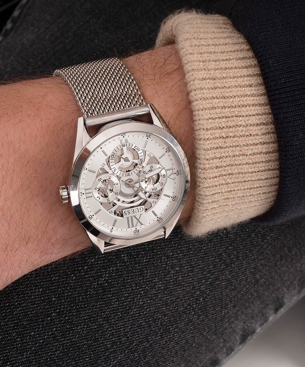  Shop Authentic Guess Tailor Multifunction Silver Dial Silver Mesh Bracelet Watch for Men - GW0368G1 - Luxxuri