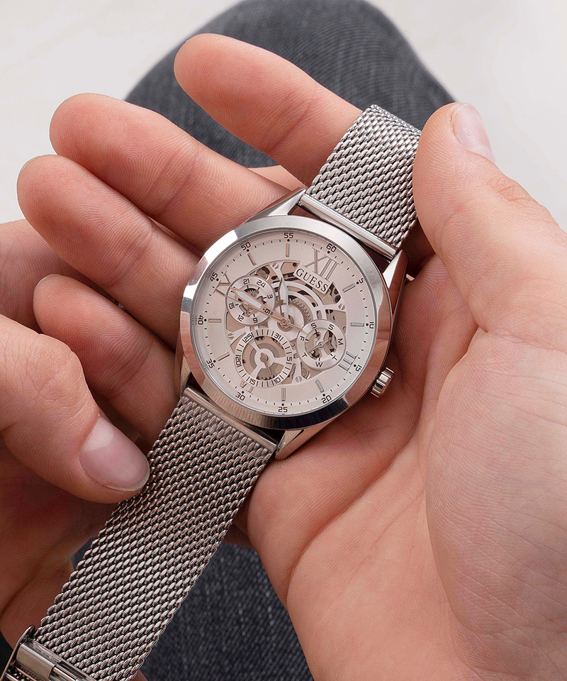  Shop Authentic Guess Tailor Multifunction Silver Dial Silver Mesh Bracelet Watch for Men - GW0368G1 - Luxxuri