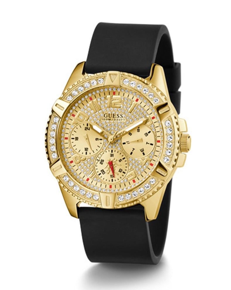  Shop Authentic Guess Frontier Diamonds Gold Dial Black Rubber Strap Watch For Women - W1160L1 - Luxxuri