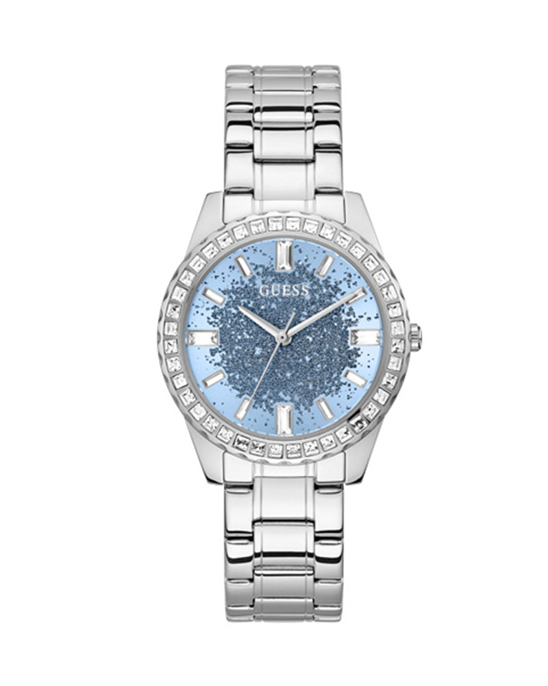  Shop Authentic Guess Glitter Burst Diamonds Blue Dial Silver Steel Strap Watch for Women - GW0405L1 - Luxxuri