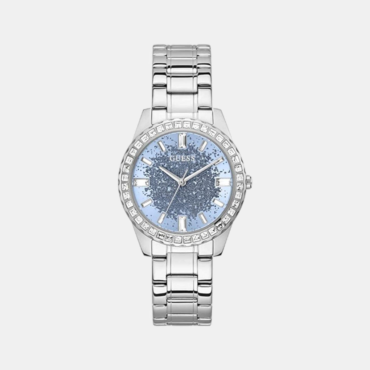  Shop Authentic Guess Glitter Burst Diamonds Blue Dial Silver Steel Strap Watch for Women - GW0405L1 - Luxxuri