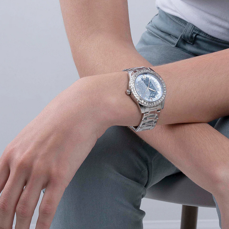  Shop Authentic Guess Glitter Burst Diamonds Blue Dial Silver Steel Strap Watch for Women - GW0405L1 - Luxxuri