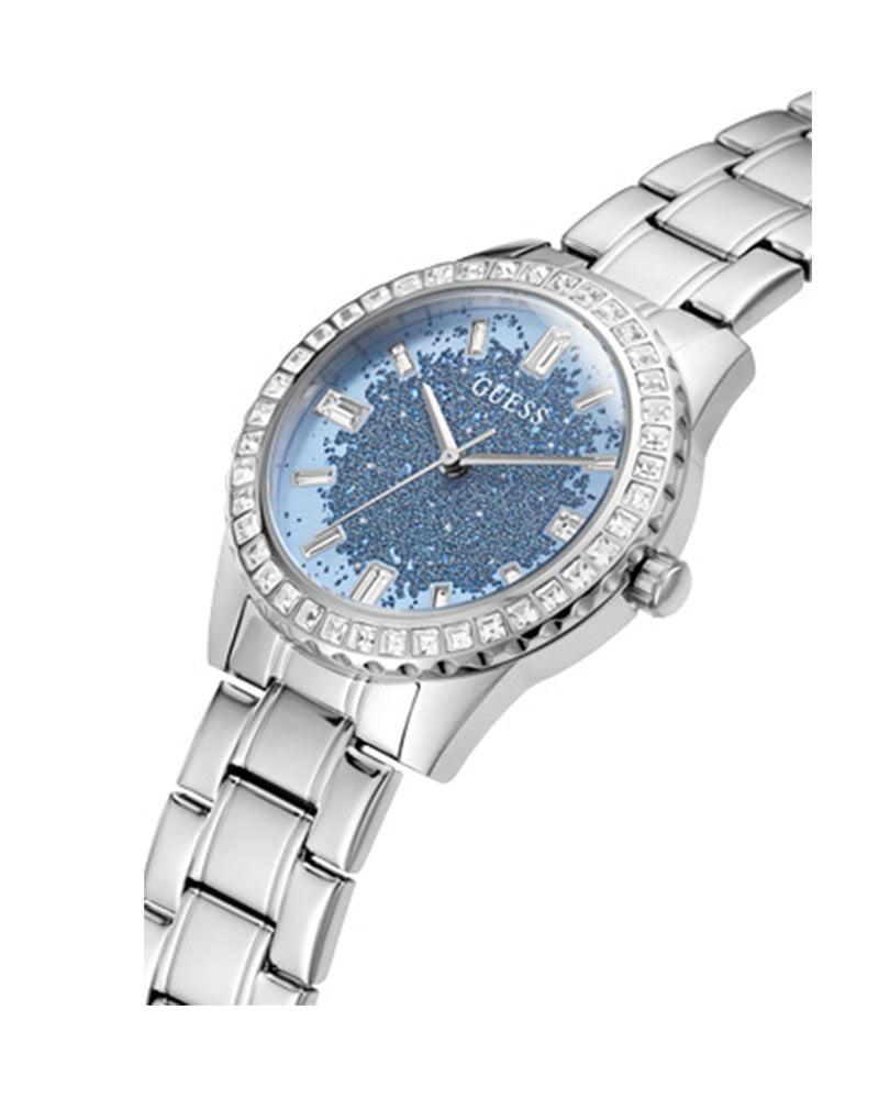  Shop Authentic Guess Glitter Burst Diamonds Blue Dial Silver Steel Strap Watch for Women - GW0405L1 - Luxxuri