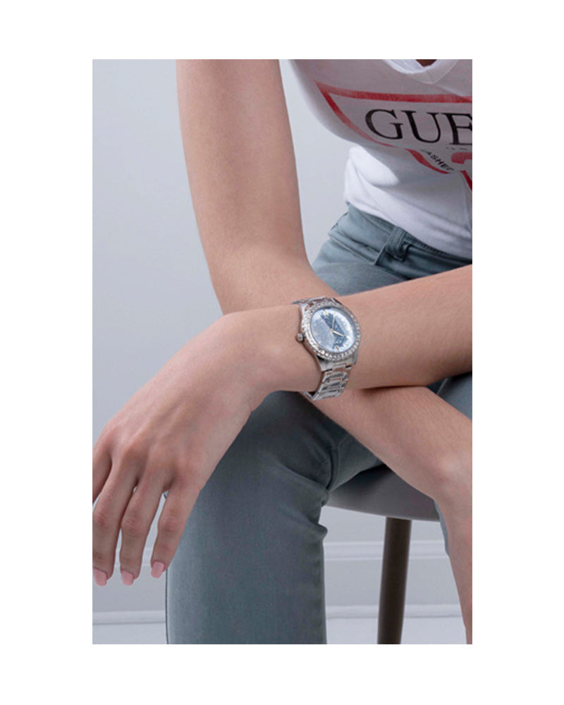 Shop Authentic Guess Glitter Burst Diamonds Blue Dial Silver Steel Strap Watch for Women - GW0405L1 - Luxxuri